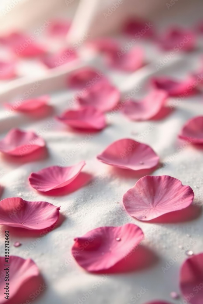 Obraz premium Soft pink rose petals scattered on a peaceful bed, serene atmosphere, texture