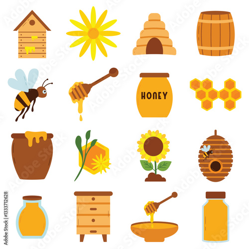 Honey illustration set. Includes of honeycomb, bee, beehive, honey jar, dripping honey, natural honey, and More. Vector flat color collection