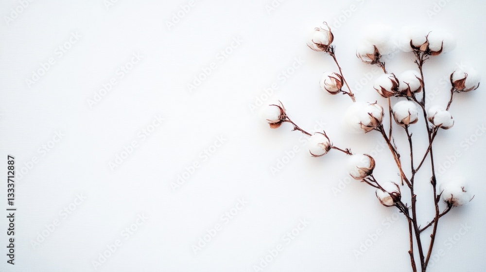 Crisp White Background with Soft Cotton Branch Detail Crisp White Background with Soft Cotton Branch Detail