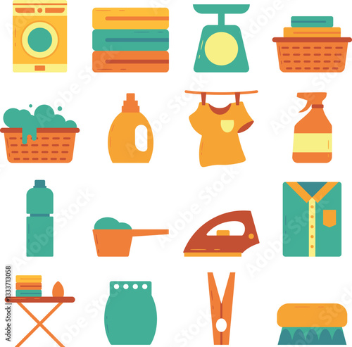 Laundry illustration set. Includes of washing machine, dryer, detergent, fabric softener, laundry basket, ironing, and More. Vector flat color collection