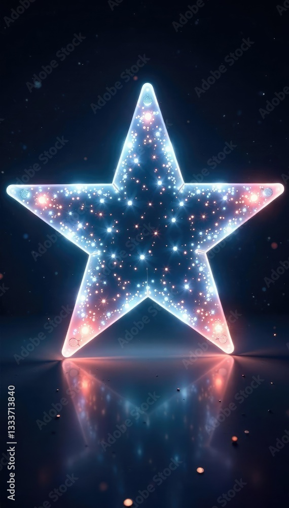 Twinkling lights surrounding a white plastic five pointed star, futuristic, star Twinkling lights surrounding a white plastic five pointed star, futuristic, star
