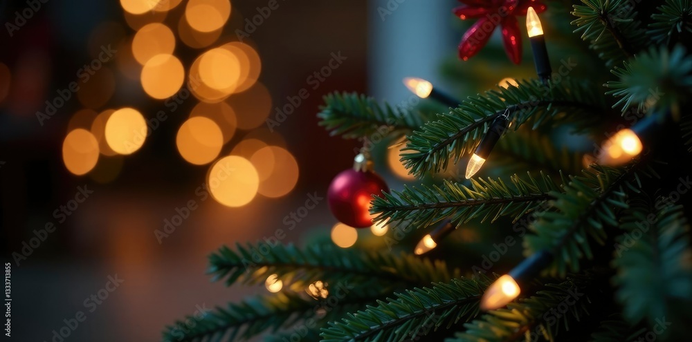 Twinkling lights wrapped around tree branches, decorations, Twinkling lights wrapped around tree branches, decorations,