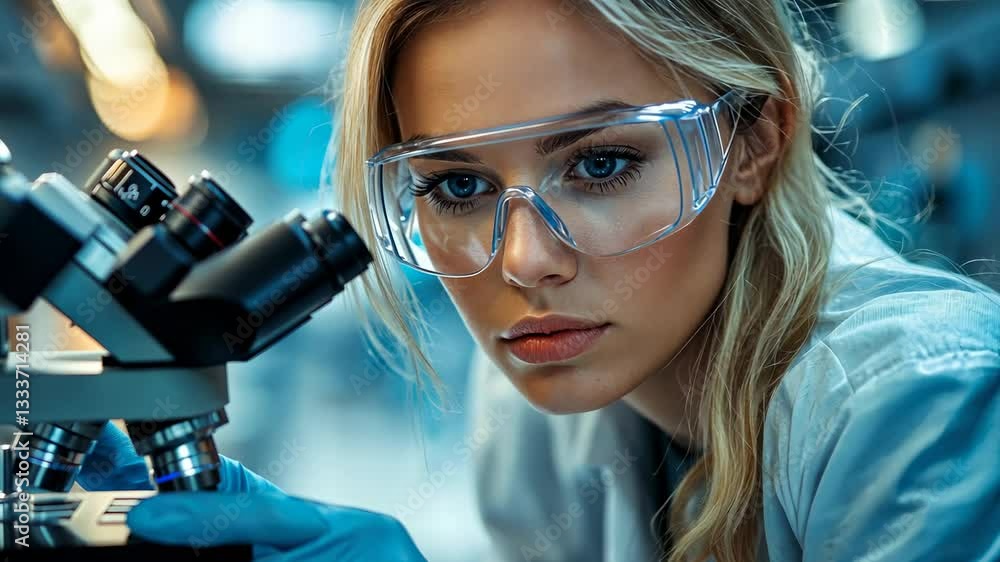 Focused Scientist: A Woman in a Lab Using a Microscope