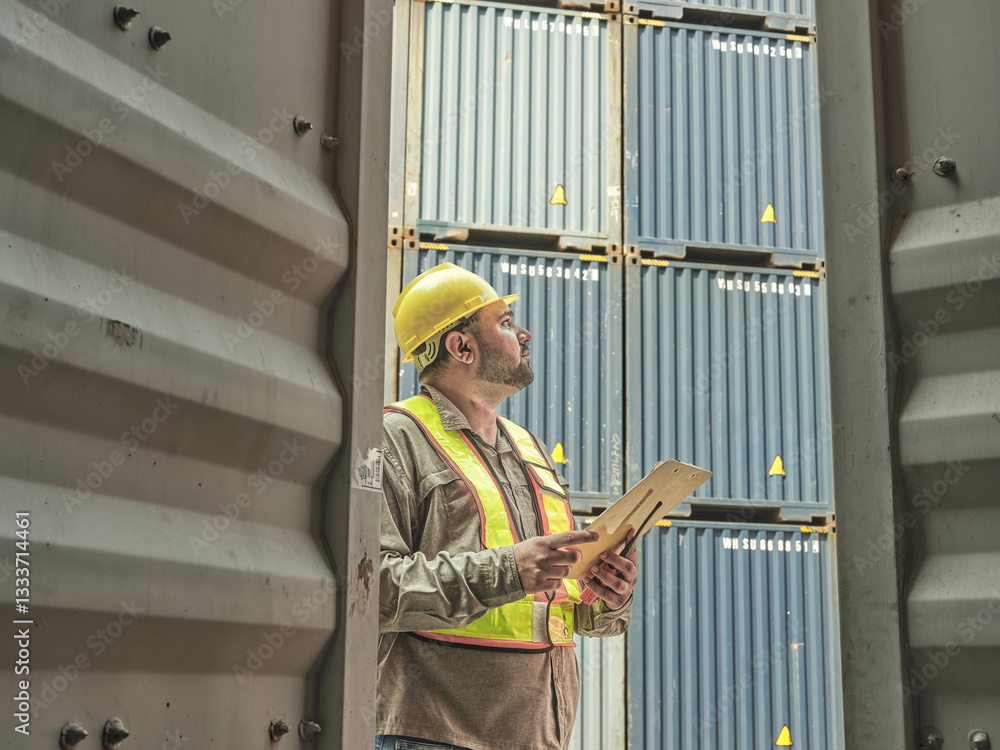 A construction worker wearing a yellow hard hat and safety vest inspecting the equipment and inside an industrial warehouse or factory setting.