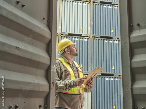 Obraz na płótnie A construction worker wearing a yellow hard hat and safety vest inspecting the equipment and inside an industrial warehouse or factory setting. w salonie