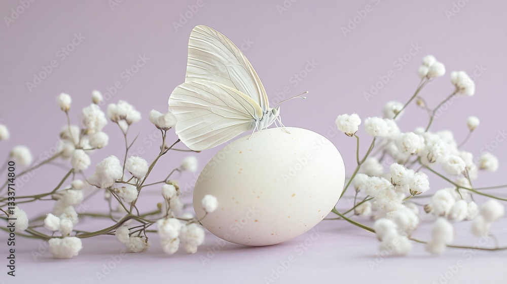A delicate butterfly resting on an Easter egg, surrounded by Gypsophila flowers, softly lit against a muted lavender background A delicate butterfly resting on an Easter egg, surrounded by Gypsophila flowers, softly lit against a muted lavender background