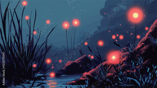 Digital illustration depicting a nocturnal landscape featuring stylized plants emitting a vibrant red bioluminescence. The scene is dominated by dark blue and purplish tones, with the red glowing