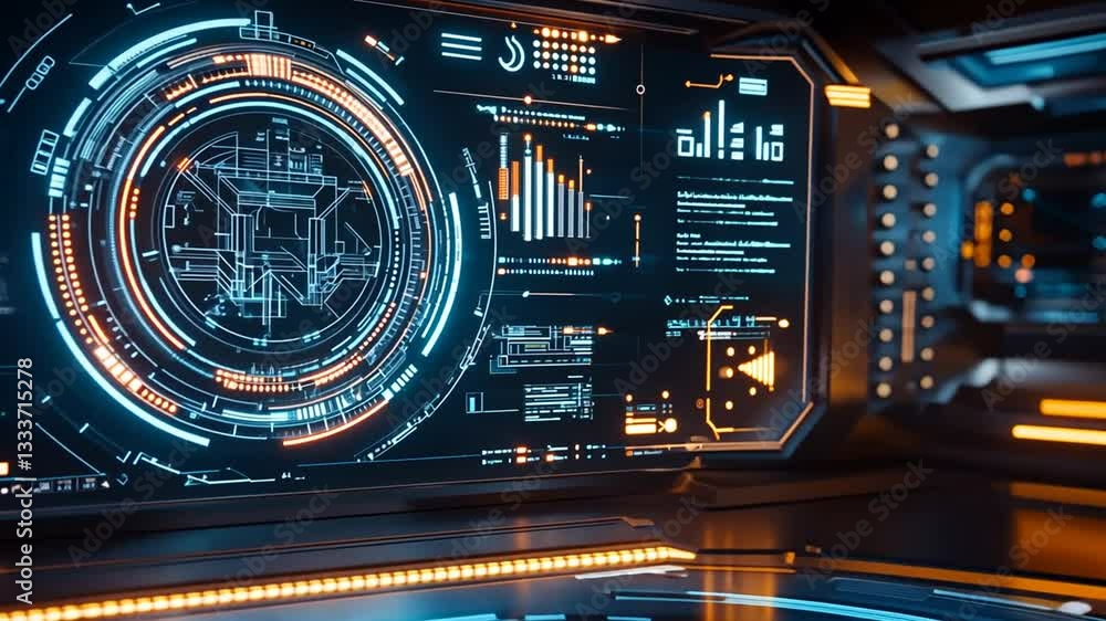 Advanced Technology Interface in Futuristic Control Room Displays Data Graphics Advanced Technology Interface in Futuristic Control Room Displays Data Graphics