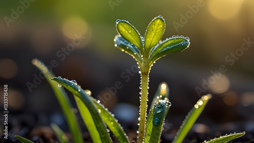 A Fresh Seedling with Morning Dew Sparkling Under Golden Sunlight Rays


