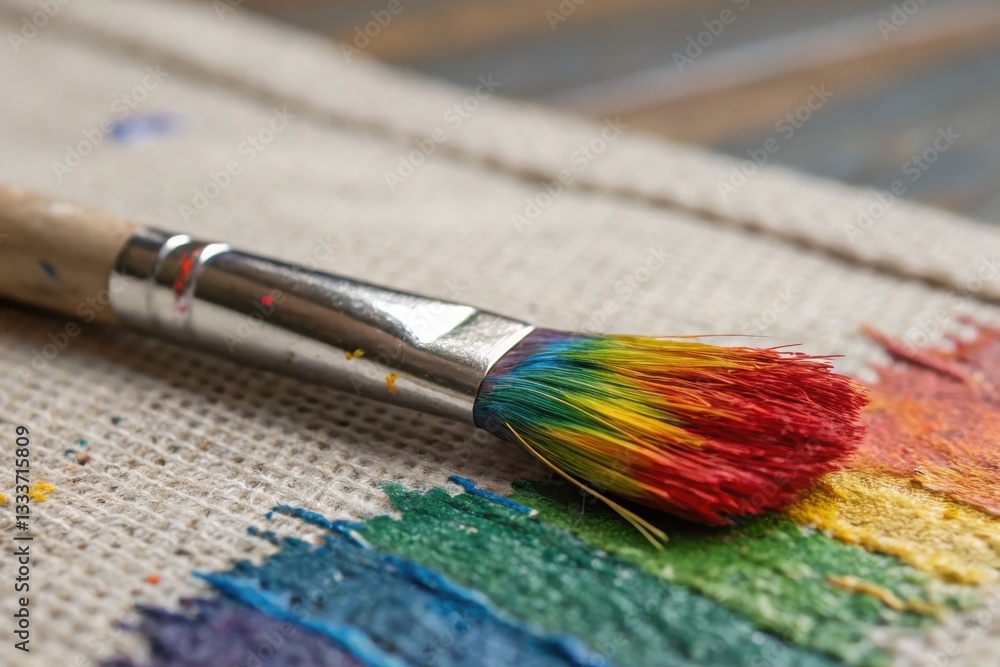 A vibrant paintbrush with a rainbow-colored tip rests on a canvas, showcasing streaks of colorful paint. A vibrant paintbrush with a rainbow-colored tip rests on a canvas, showcasing streaks of colorful paint.