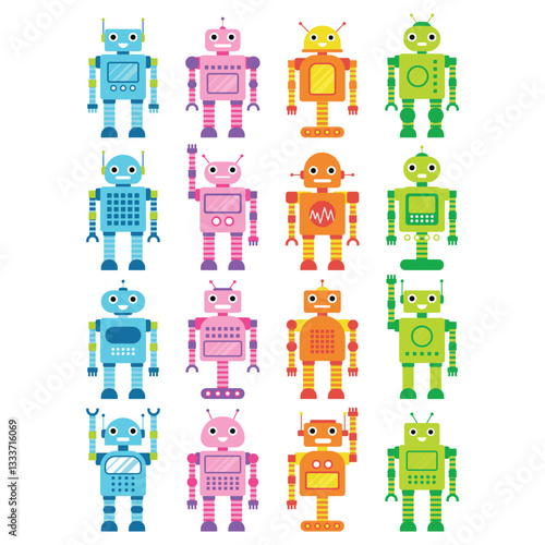 Robotic illustration set. Includes of robot, AI technology, automation, cybernetics, futuristic, humanoid robot, robotic arm, and More. Vector flat color collection