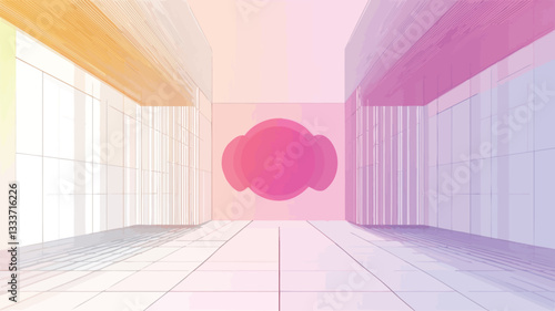 The image depicts a digitally rendered, abstract interior space.  The scene is a long corridor or hallway with walls and a floor rendered in varying shades of pastel pink, purple, orange, and
