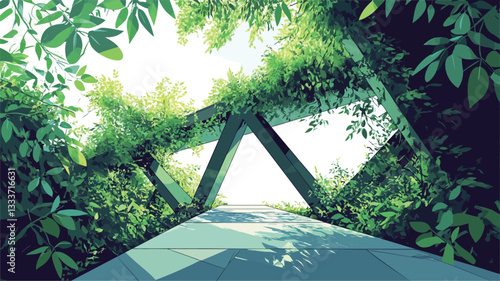 Low-angle view of a pathway partially covered by a lush green canopy.  The pathway appears to be made of light-colored stone or concrete.  A geometric metal trellis or pergola structure is visible,