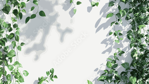 High-angle, close-up view of a digitally created or manipulated image depicting a frame composed of green leaves on a white background.  The leaves are arranged to create a border, leaving a