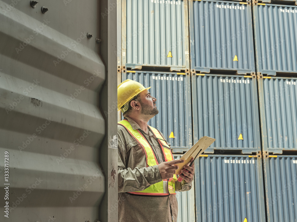 A construction worker in safety gear inspecting shipping containers at an industrial warehouse or logistics facility, surrounded by the stacked metal containers.