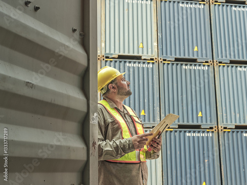Obraz na płótnie A construction worker in safety gear inspecting shipping containers at an industrial warehouse or logistics facility, surrounded by the stacked metal containers. w salonie