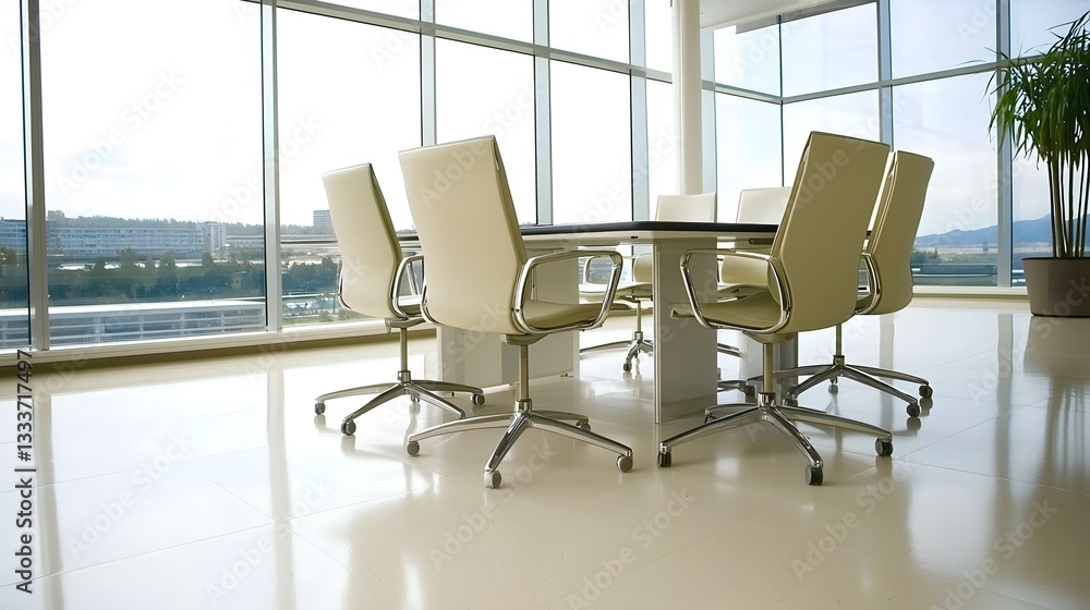 Modern Office Conference Room with City View Elegant Cream Chairs Large Windows Modern Office Conference Room with City View Elegant Cream Chairs Large Windows