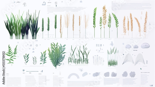 A detailed botanical illustration showcasing a variety of grasses and ferns. The image features multiple individual plant illustrations, arranged in rows, depicting various species with variations