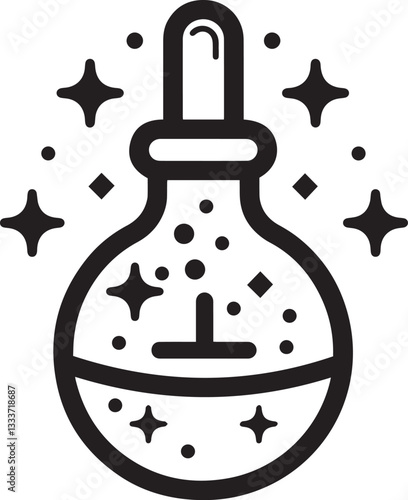 Illustration of a magical elixir in a flask with sparkling effects, whimsical design, potion concept