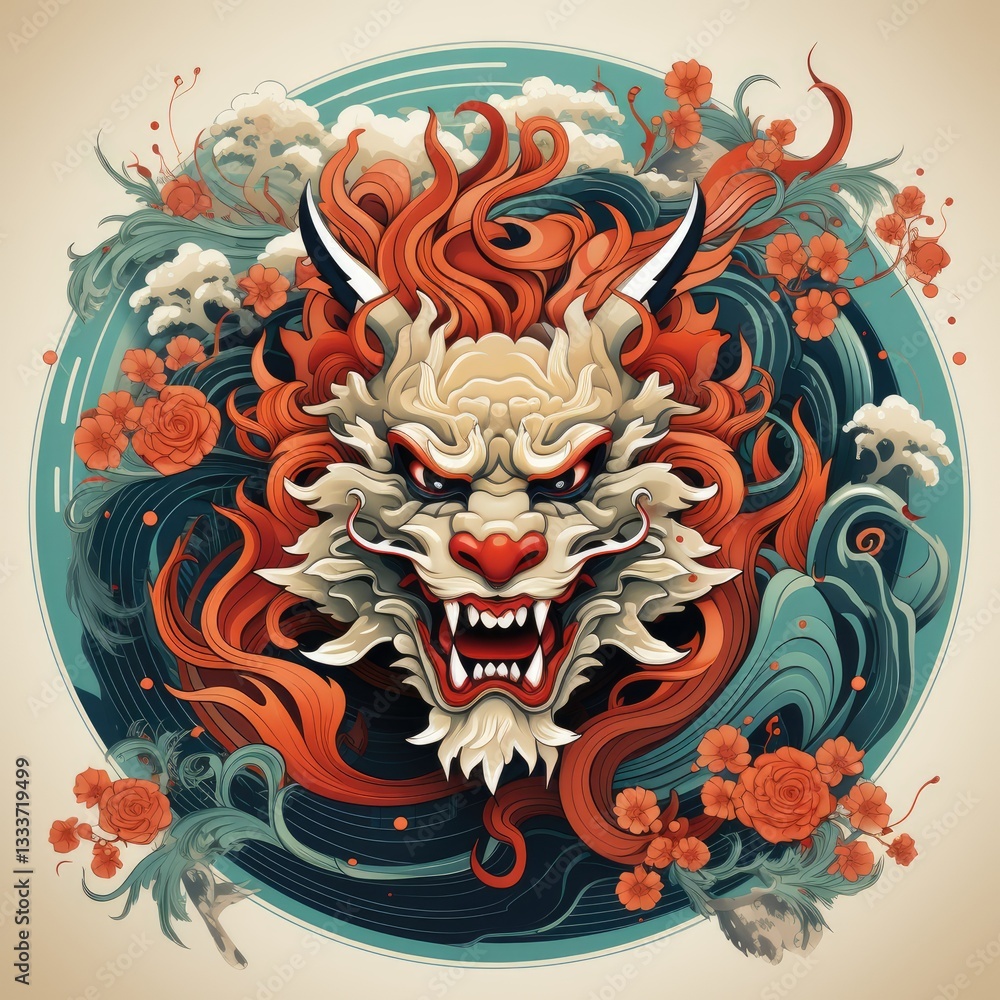 Fototapeta premium Samurai-Inspired Japanese Oni Mask in Tattoo Art Style