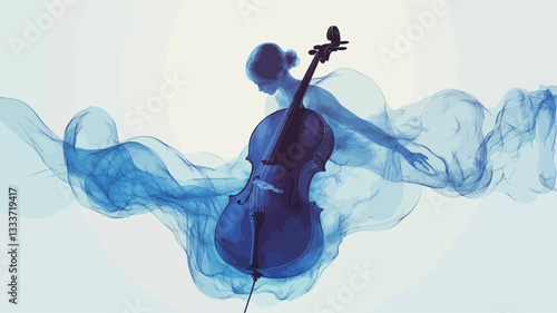 The image is a stylized depiction of a cello.  The cello is rendered in dark blue tones, appearing almost as a silhouette. It is partially obscured and overlaid by translucent, flowing blue smoke