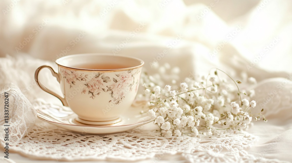 A warm, inviting Easter tea scene featuring a vintage teacup, Gypsophila sprigs, and a delicate lace doily, set on a soft cream background A warm, inviting Easter tea scene featuring a vintage teacup, Gypsophila sprigs, and a delicate lace doily, set on a soft cream background