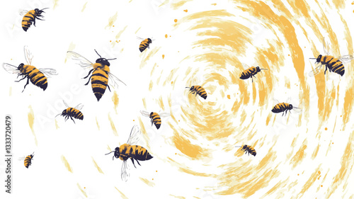 Close-up illustration of multiple honeybees in flight, surrounding a central swirl of golden-yellow, honey-like substance on a white background. The bees are depicted realistically, with visible