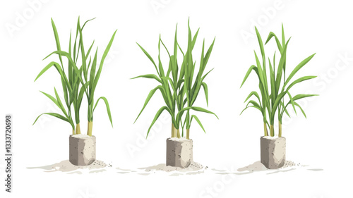 Digital illustration depicting three rice seedlings in individual square pots, set against a white background. The seedlings are illustrated in varying stages of early growth, showcasing vibrant