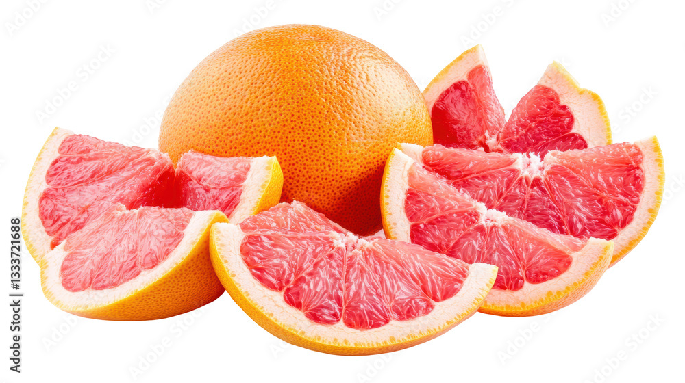 Isolated Whole Grapefruit Surrounded by Slices Isolated Whole Grapefruit Surrounded by Slices