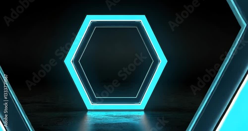 Neon hexagon light installation creates a stunning visual experience in dark environment