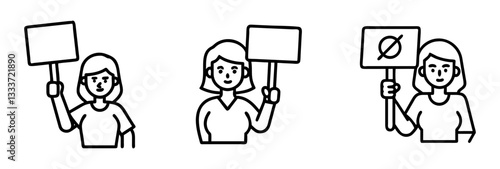 woman and protest sign icon, woman and protest sign line art - simple line art of woman and protest sign, perfect for woman and protest sign logos and icons