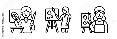 woman artist painting icon, woman artist painting line art - simple line art of woman artist painting, perfect for woman artist painting logos and icons