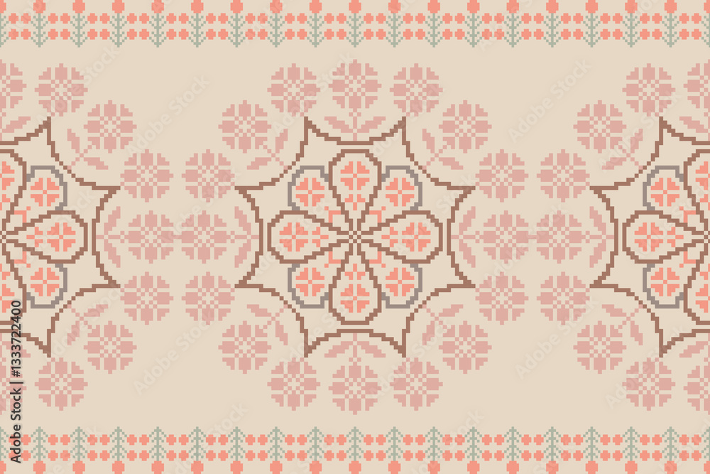 Floral pixel art pattern.Ikat embroidery Ethnic oriental Pixel pattern red christmas day background. carpet,wallpaper,clothing,wrapping,Batik,fabric,Vector illustration.floral samless pattern,abstract