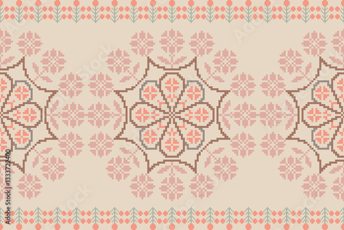 Obraz na płótnie Floral pixel art pattern.Ikat embroidery Ethnic oriental Pixel pattern red christmas day background. carpet,wallpaper,clothing,wrapping,Batik,fabric,Vector illustration.floral samless pattern,abstract w salonie