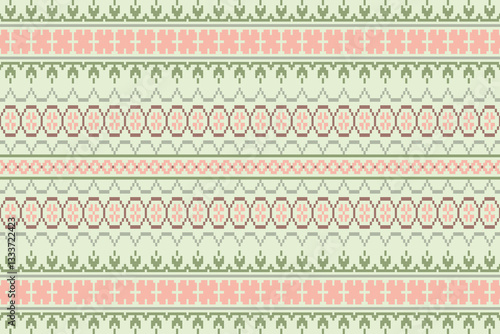 Tribal motif on geometic background.Colorful geometric embroidery traditional ethnic pixel art pattern.Aztec style.Design for texture,fabric,cloting,carpet,knitewar,wrapping,batik,scarf,vector