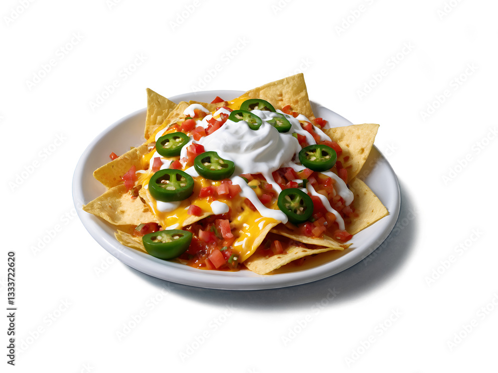 Delicious nachos with melted cheese, sour cream, and jalape,os in hyperrealistic quality Delicious nachos with melted cheese, sour cream, and jalape,os in hyperrealistic quality