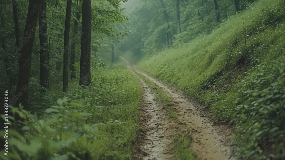 Fototapeta premium Rainy Forest Trail: Lush Green Vegetation, Muddy Path, Soft Light