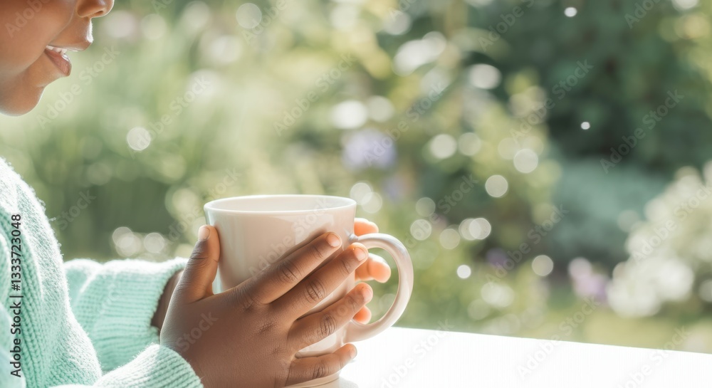 Young african child enjoying warm beverage in sunny garden setting Young african child enjoying warm beverage in sunny garden setting