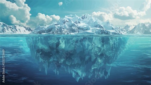 The image shows a large iceberg partially submerged in an ocean.  The upper portion of the iceberg is visible above the waterline, displaying a rough, irregular texture of white and light blue ice