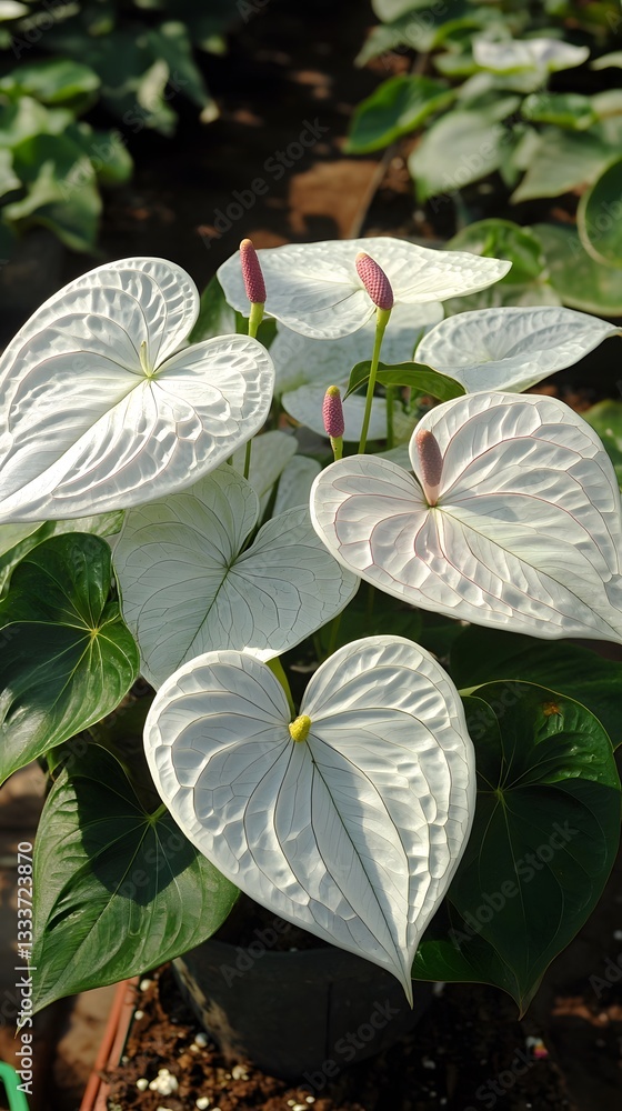 Obraz premium Stunning White Anthurium Plant in Pot Heart-Shaped Leaves