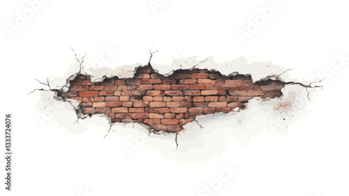 Close-up view of a section of a white wall with a large irregular hole revealing an underlying red brick wall. The hole is jagged and shows cracks radiating outwards. The exposed brickwork is