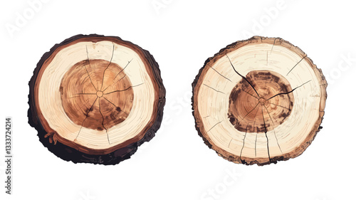High-angle, close-up view of two circular cross-sections of tree trunks against a pure white background.  The image shows the detailed wood grain, growth rings, and texture of the wood. The color