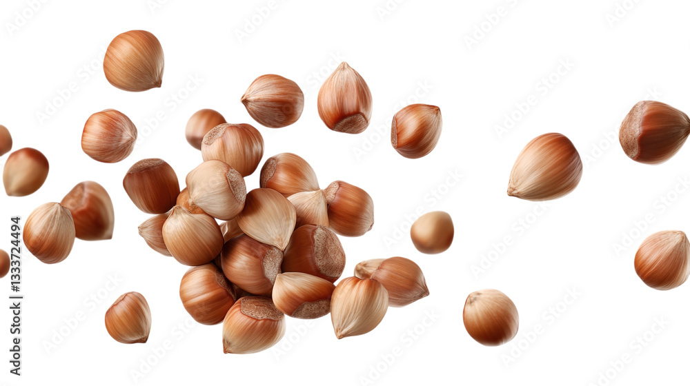 Falling hazelnuts in mid-air, isolated on transparent background Falling hazelnuts in mid-air, isolated on transparent background