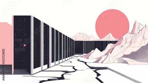 The image is a vector illustration featuring a minimalist architectural scene.  The main focus is a long row of tall, rectangular, dark-colored buildings with subtle light accents. These buildings