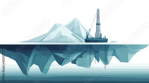 A stylized vector illustration depicting a large iceberg, partially submerged in the ocean.  A small offshore platform or oil rig is visible near the surface, next to the visible portion of the