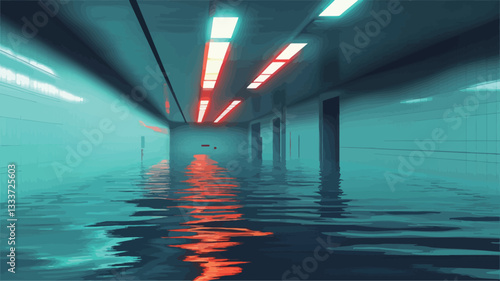 The image shows a long, narrow corridor flooded with water. The water reflects the neon lights above, which are predominantly red and teal.  The walls appear to be light-colored, possibly white or