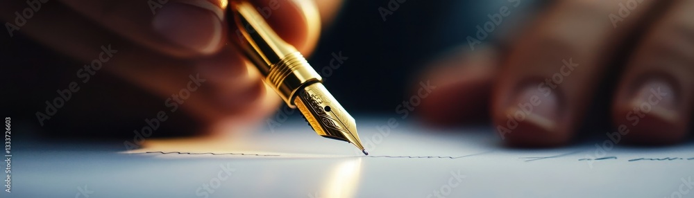 Naklejka premium A close-up of a hand holding a gold pen, poised over a sheet of paper, suggesting the act of writing or signing a document.