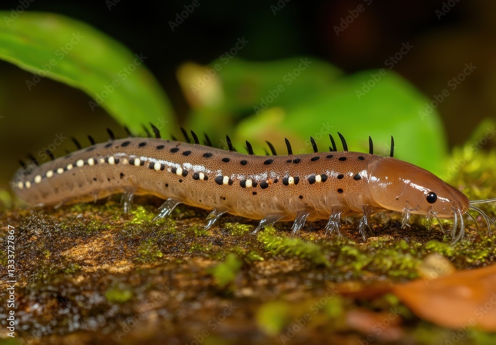 Detailed Close-Up of a Unusual Brown Slug with Black and White Coloration Crawling on Green Mossy Surface in Natural Environment Detailed Close-Up of a Unusual Brown Slug with Black and White Coloration Crawling on Green Mossy Surface in Natural Environment