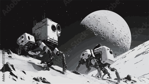 A monochrome digital illustration depicting two boxy, quadrupedal robots traversing a lunar-like landscape. The robots are rendered in a simplistic, almost cubist style. The background features a
