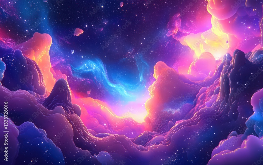 Obraz premium bright cosmic nebula with galaxies and stars, fantasy vector illustration in red, blue, purple, and pink tones, high quality, realistic details, abstract background